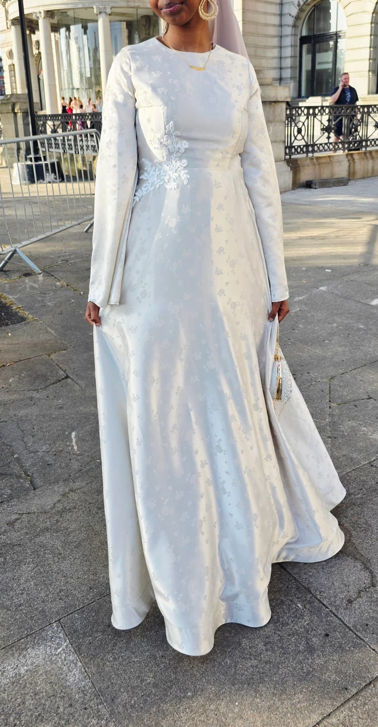 Customer photo review of Blush Meadow Jacquard Satin Fabric