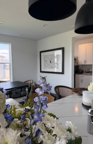 Partial view of a customer's framed Black Sheep V.4 print on a wall, with flowers in the foreground.