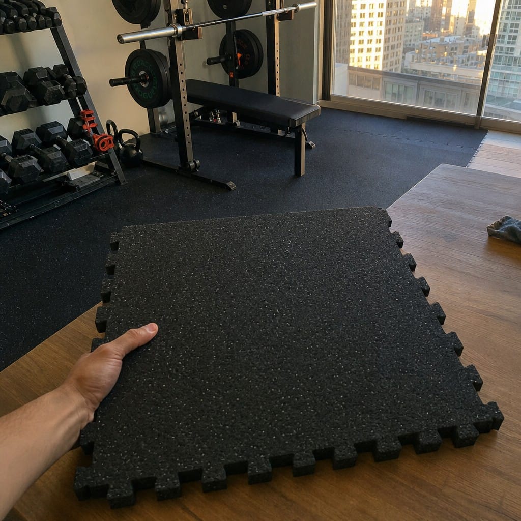 Customer photo review of 30mm Acoustic Rubber Gym Tiles | Soundproof Gym Flooring | 75 dB Noise Reduction | 200kg+ Drop Rated | EN 13893 Certified