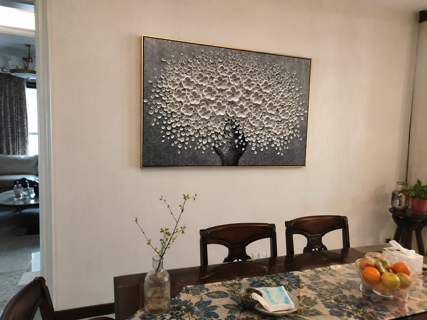 Customer photo review of Stellar Abundance – Modern Heavy Impasto Floral Vase Painting | Luxury Horizontal Living Room Art