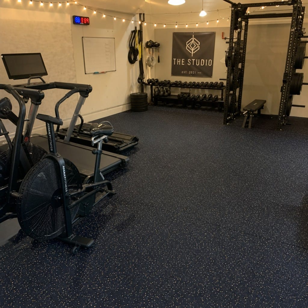 Customer photo review of 12mm Commercial Rubber Gym Tiles | 1m² Per Tile | Blue/Black & White/Black