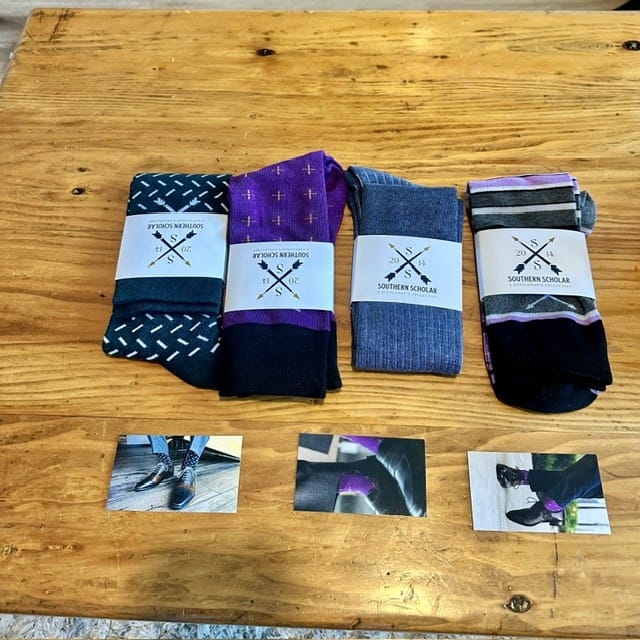 Customer photo review of The Richards - A Purple Sock with Blue Micro-Dots