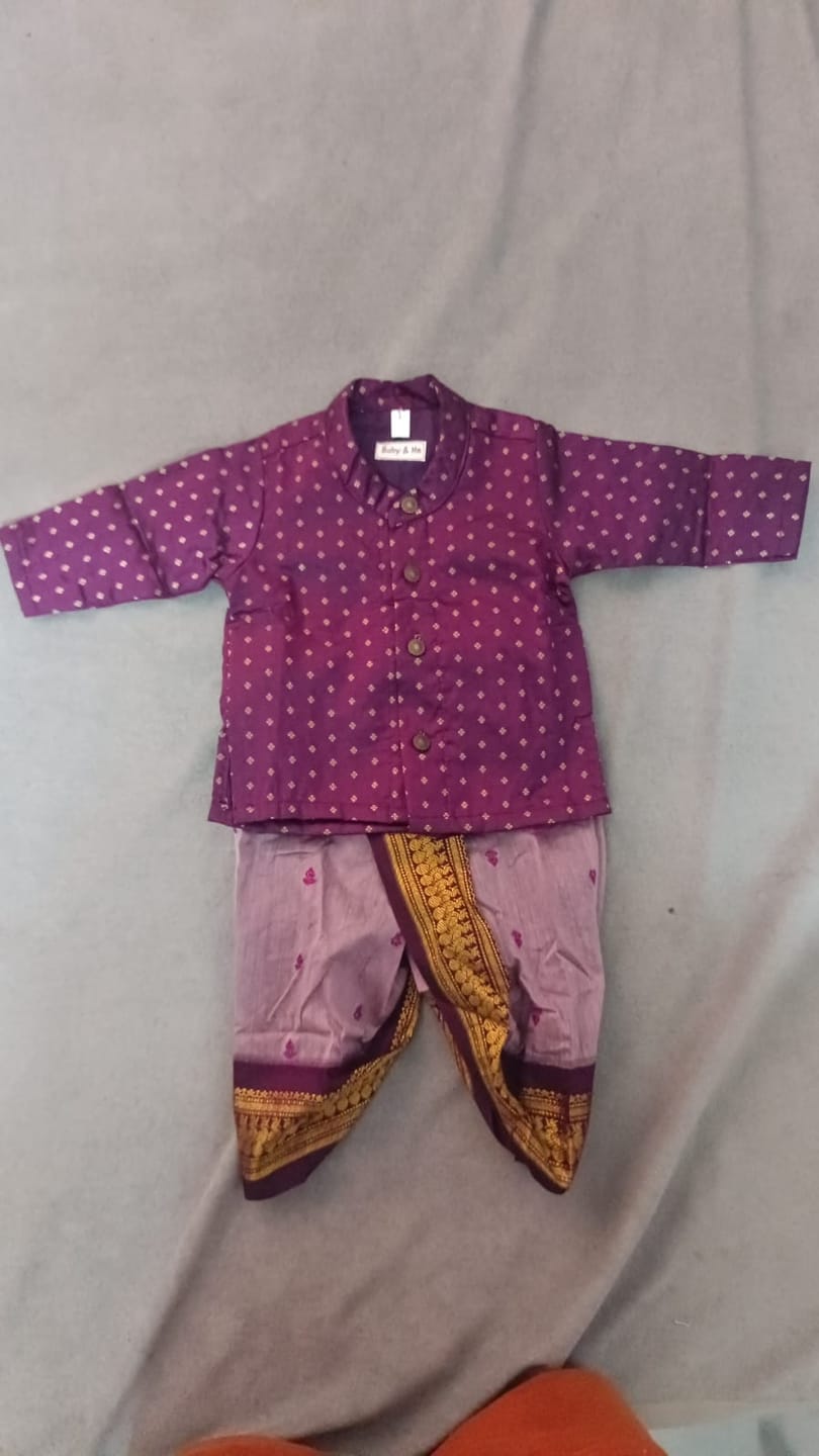 Customer photo review of Dhoti Kurta for Baby Boy – Wine Semi-Silk Kurta & Lavender Dhoti with Zari Border