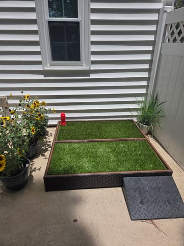 Reviewer's Porch Potty MEGA with a wicker base and green grass set up on an outdoor patio with a ramp.