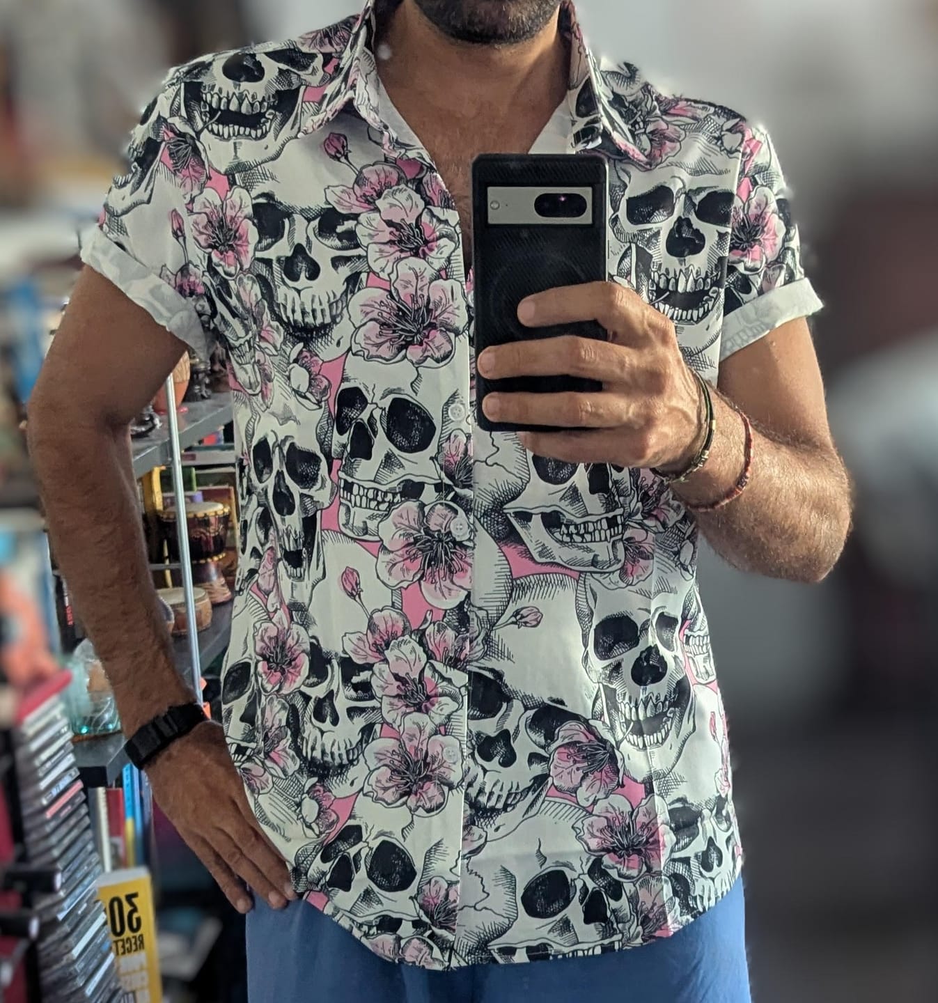 Customer photo review of Men's Skull Pink Flowers Button Up Short Sleeve Shirts