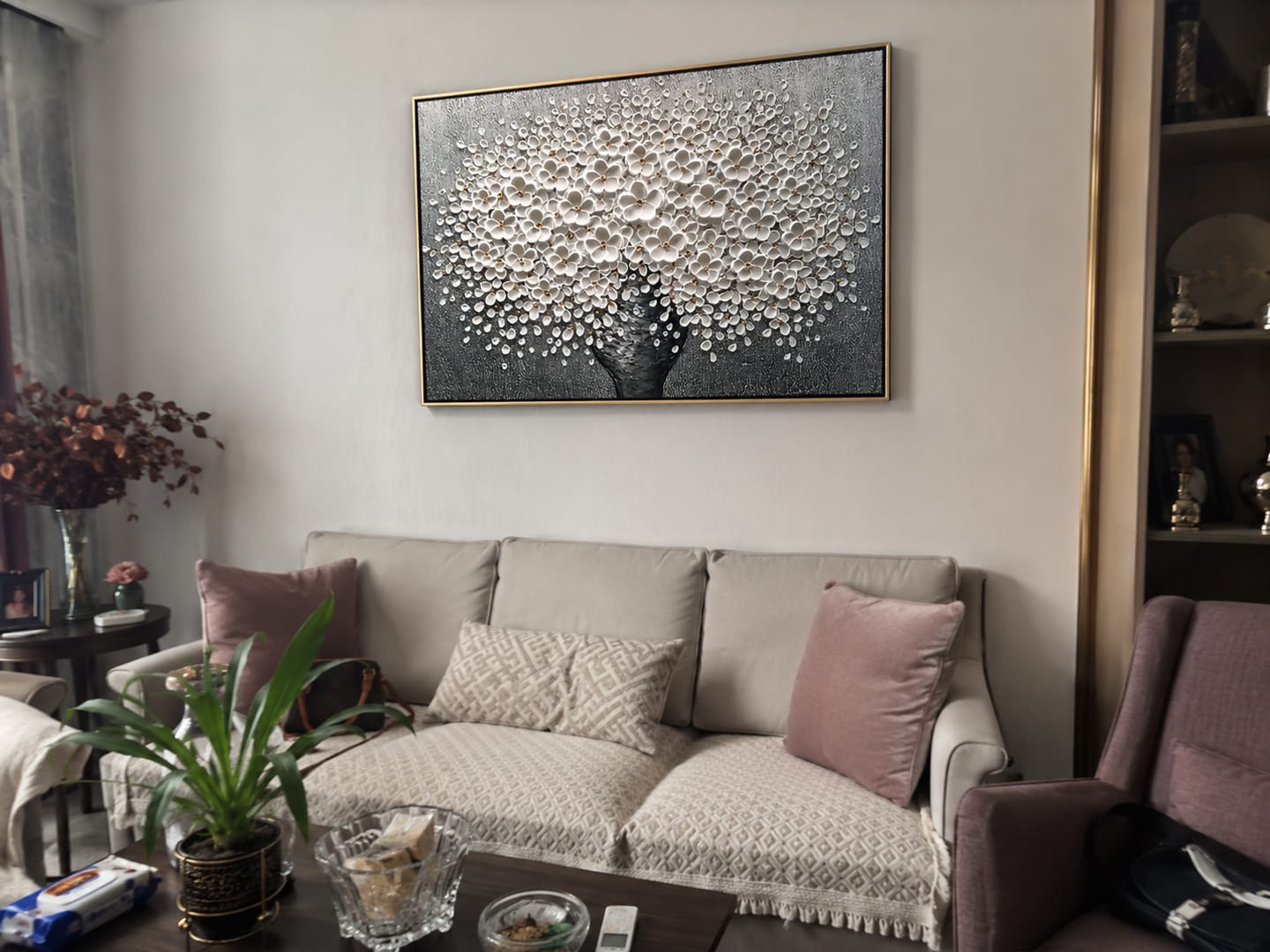 Customer photo review of Stellar Abundance – Modern Heavy Impasto Floral Vase Painting | Luxury Horizontal Living Room Art