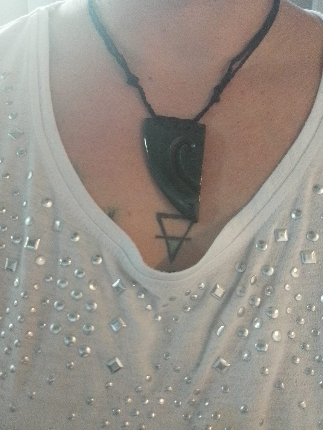 Customer photo review of Genuine NZ Greenstone Split Heart Necklaces with Binding