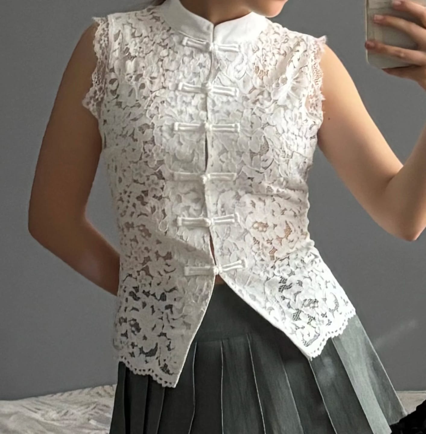 Customer photo review of Bianca Mandarin Sleeveless Lace Top