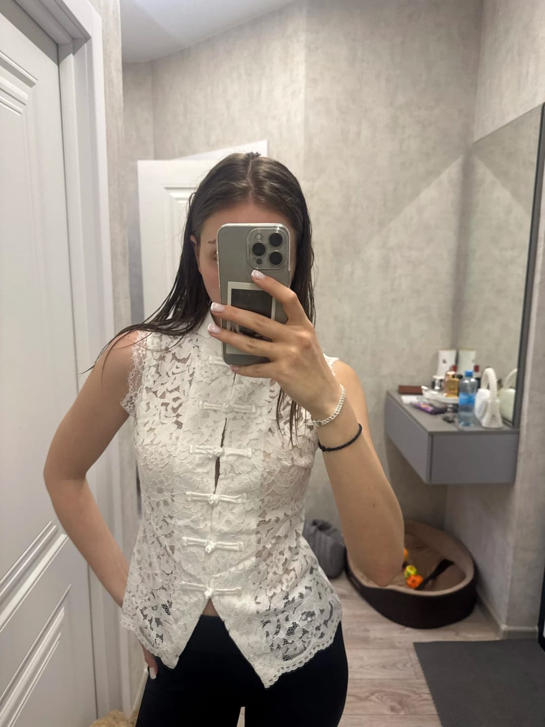 Customer photo review of Bianca Mandarin Sleeveless Lace Top