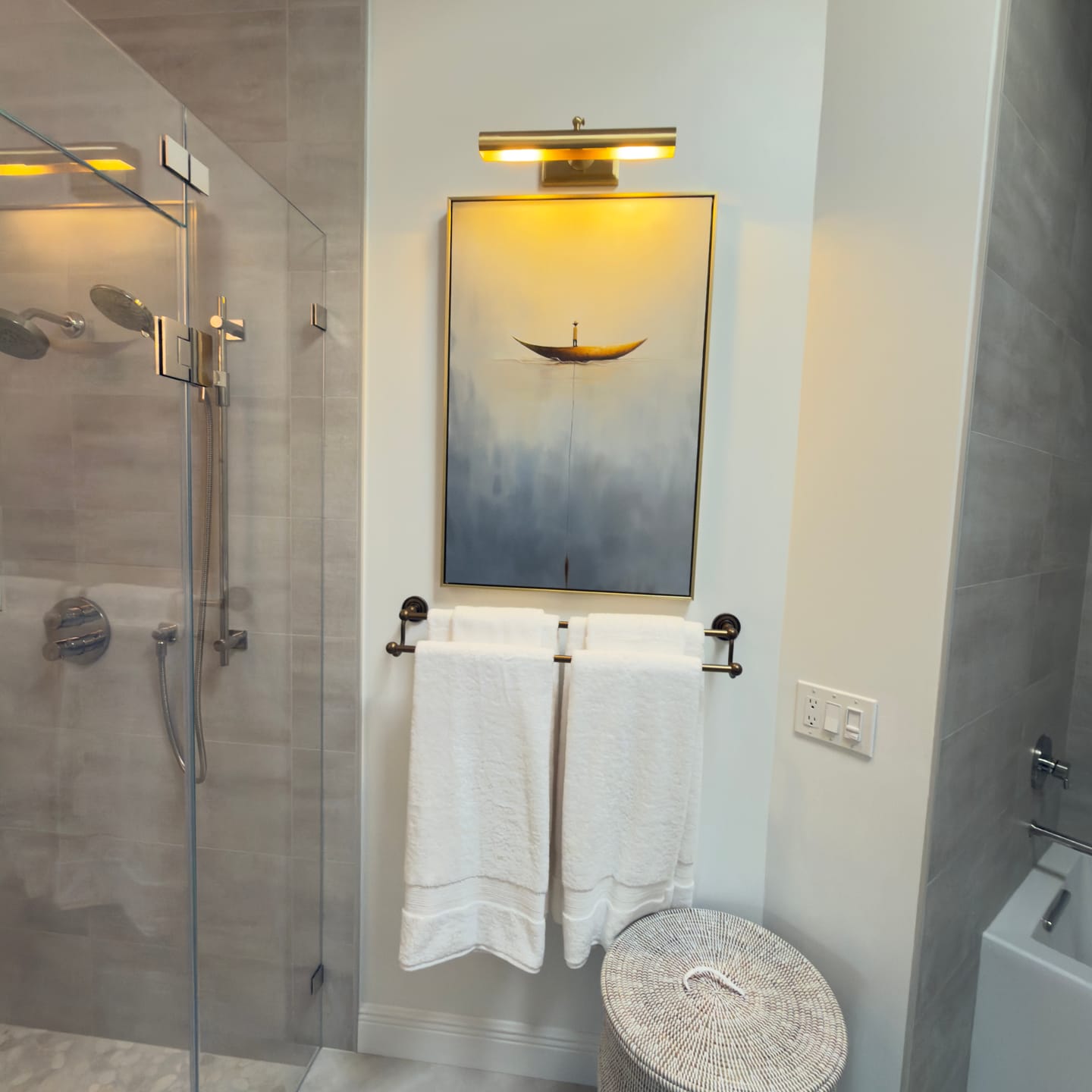 Customer photo review of Solitude Voyage: Contemporary Minimalist Wall Art - Neutral Brown & Grey with Gold Boat