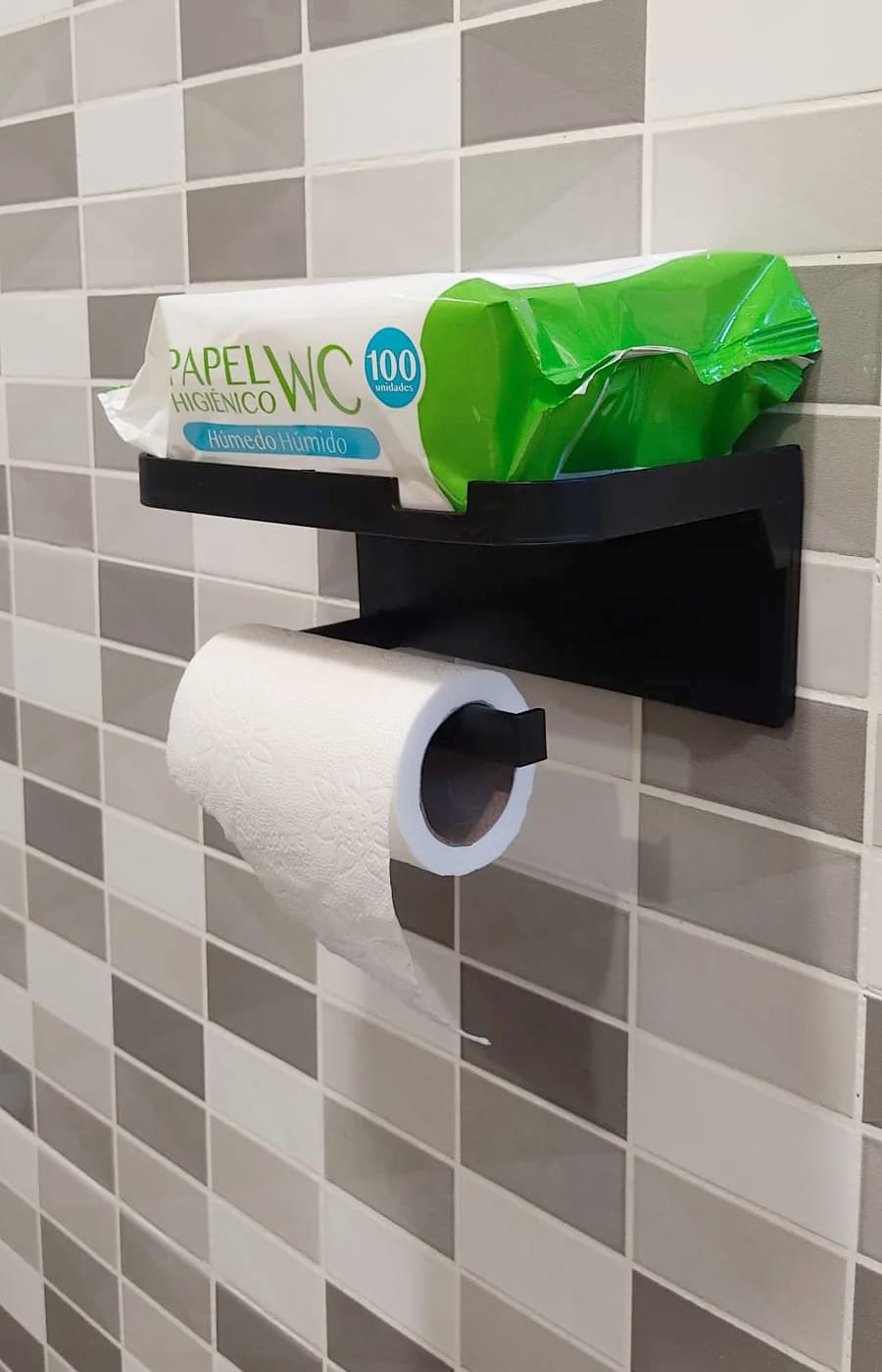 Customer photo review of Wall-Mounted Toilet Paper Holder with Storage Shelf