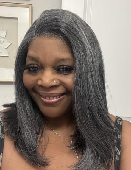 Customer photo review of Luvwin Kinky Straight Wavy Layered Style Gray Color Salt And Pepper Hair 5x5 Closure Wig