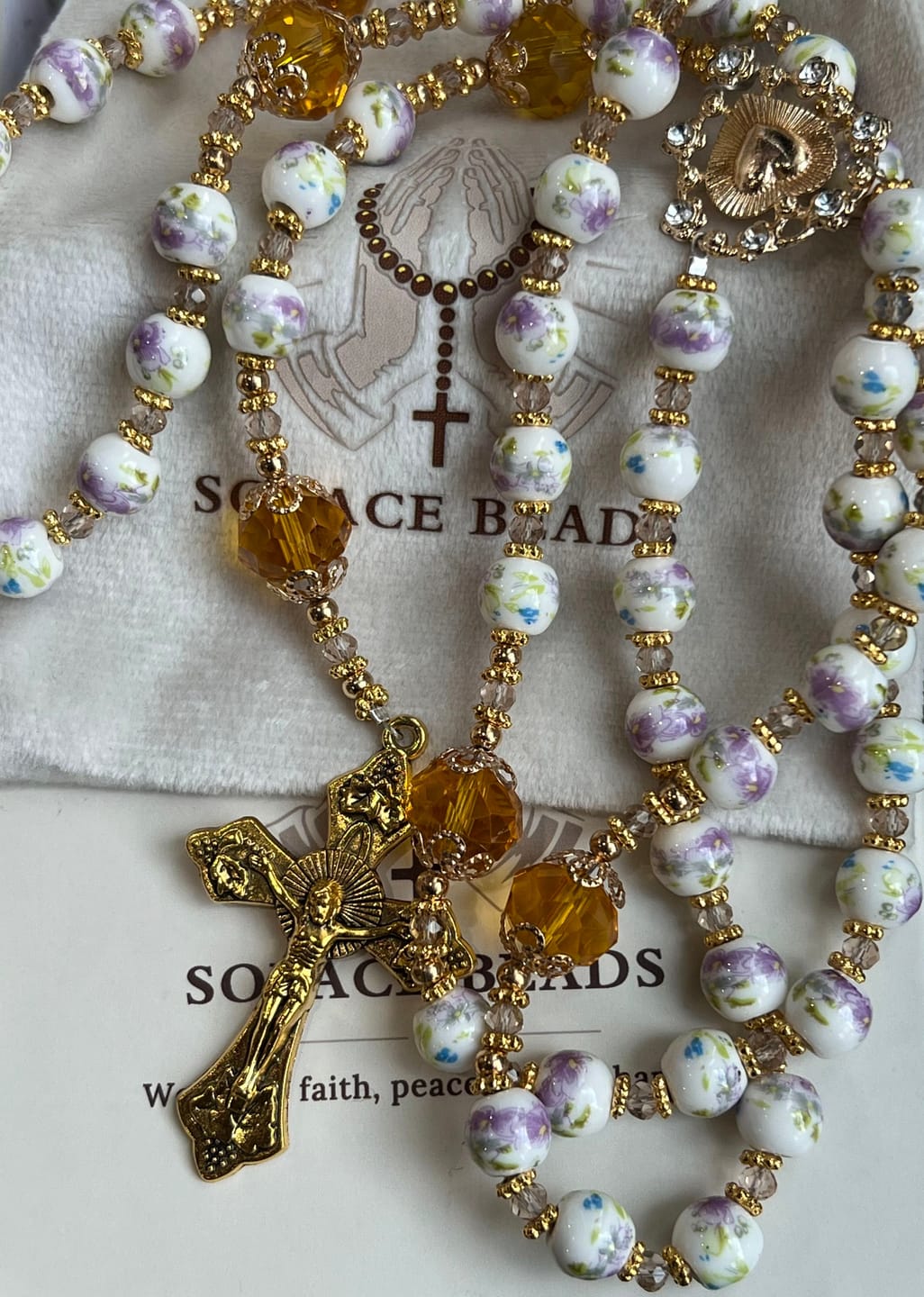 Customer photo review of SolaceBeads Lavender Floral With Golden Sacred Heart & Crucifix Rosary: Faith in Every Bead