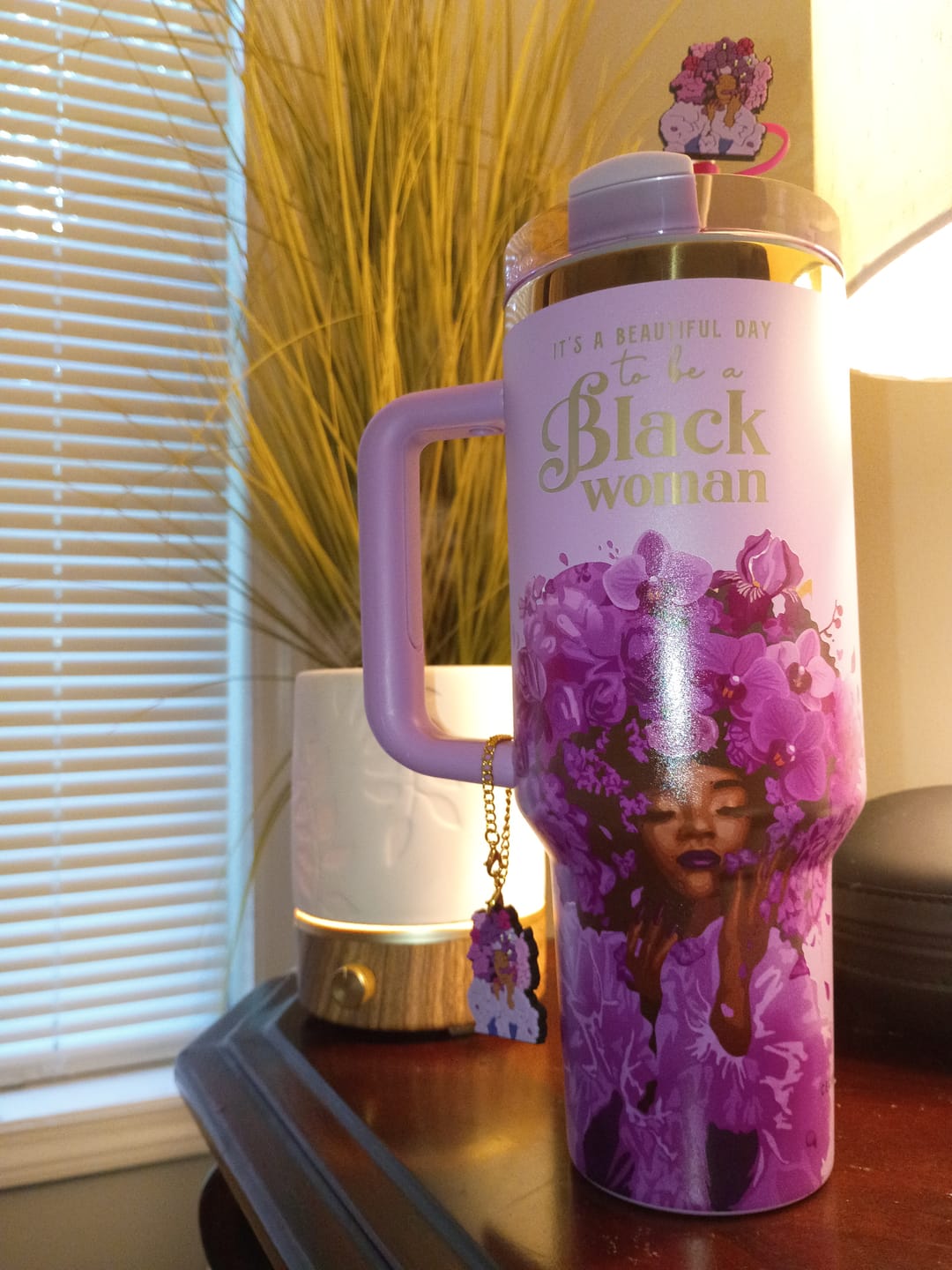 Customer photo review of Orchid Purple "Royalty Blossomed" FlowSip™ Insulated Tumbler – It's a Beautiful Day to Be a Black Woman
