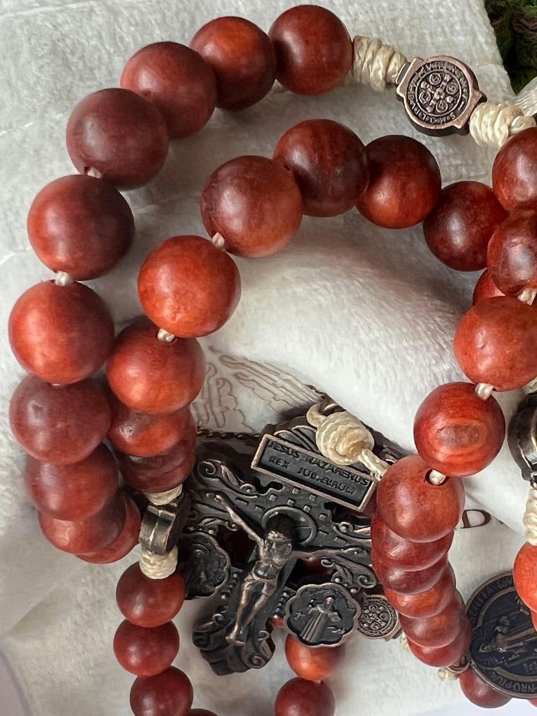 Customer photo review of SolaceBeads Dragon Blood Wood Beads St. Benedict Protection Shield Rosary