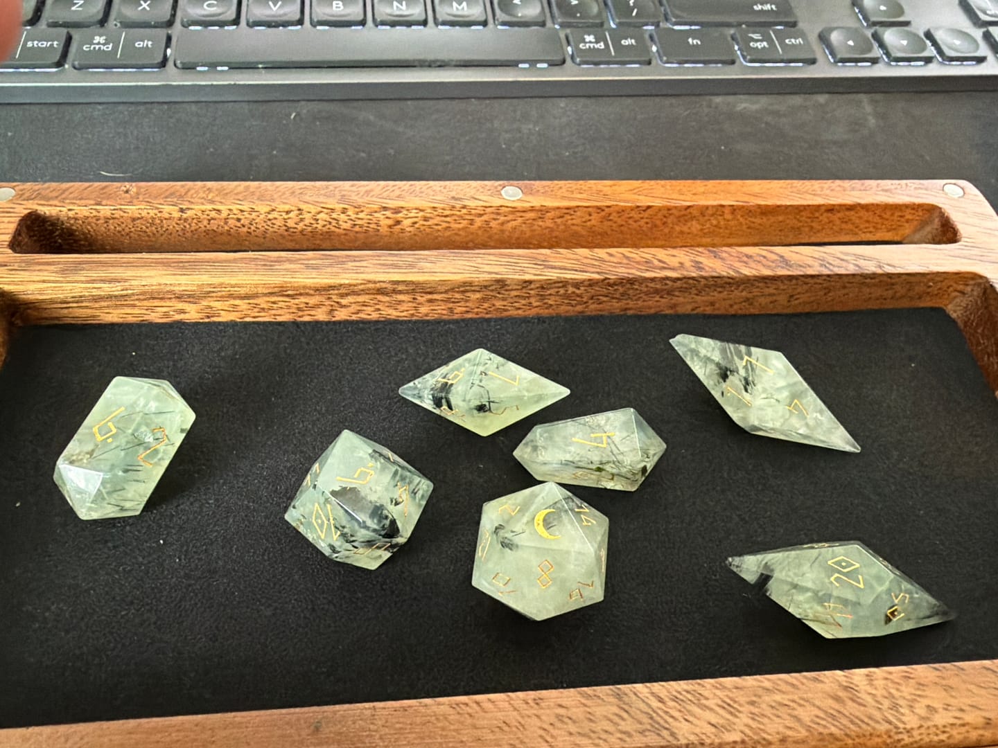 Customer photo review of URWizards D&D Prehnite Gemstone Dice Set Crystal Shape