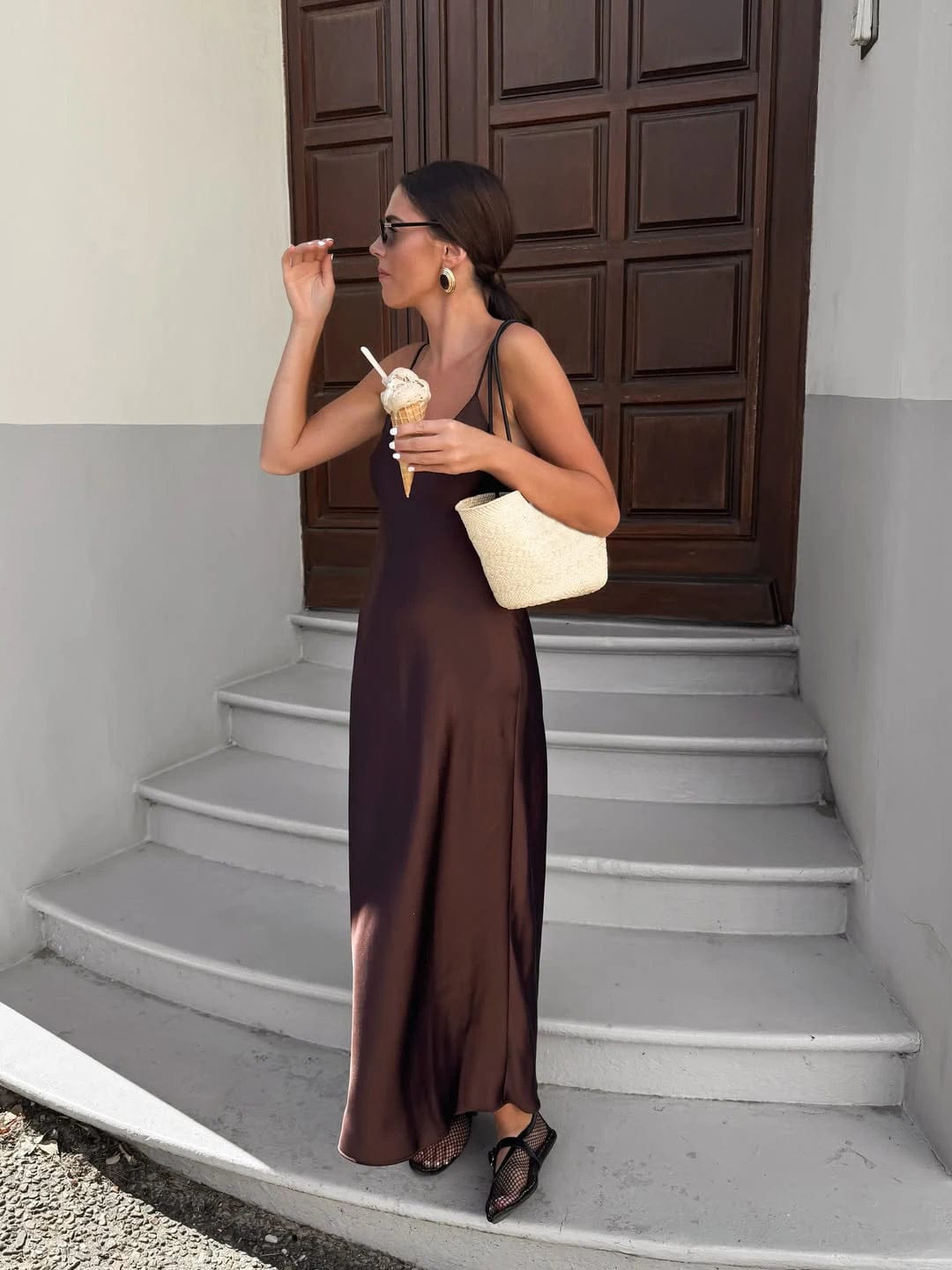 Customer photo review of Kirra Satin Backless Maxi Dress