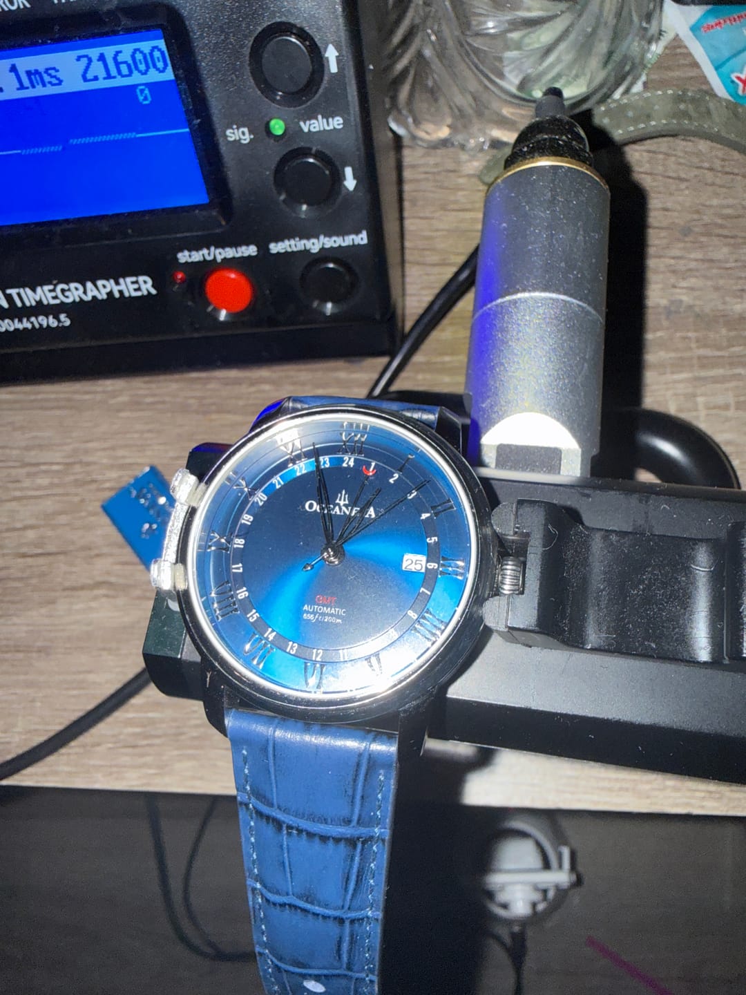 Customer photo review of Oceaneva Men's OceanTrek GMT Automatic 200m Leather Watch Blue
