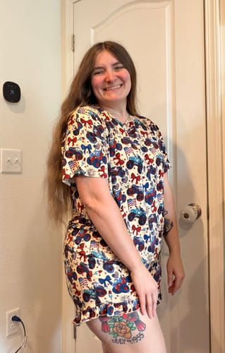 Customer photo review of FOJ Adult Women’s Ruffle Shorts and Boxy Tee Pajama Set