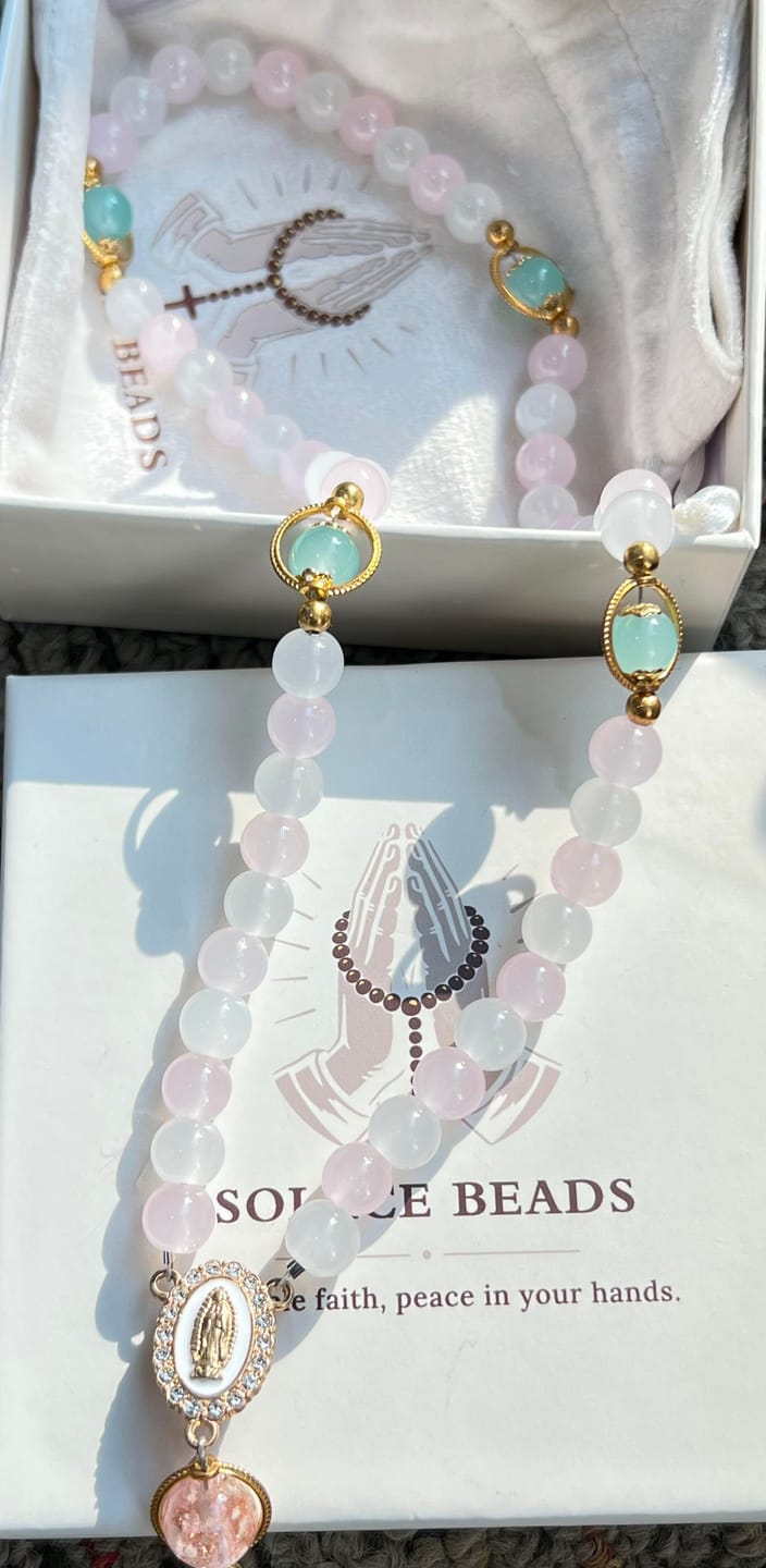 Customer photo review of SolaceBeads Artistic Pink & White Beaded Rosary: A Fusion of Colors & Sacred Symbols
