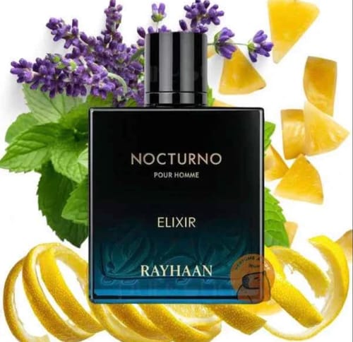 Un cliente muestra el perfume Nocturno Elixir sobre un fondo de lavanda, menta, limón y piña.
