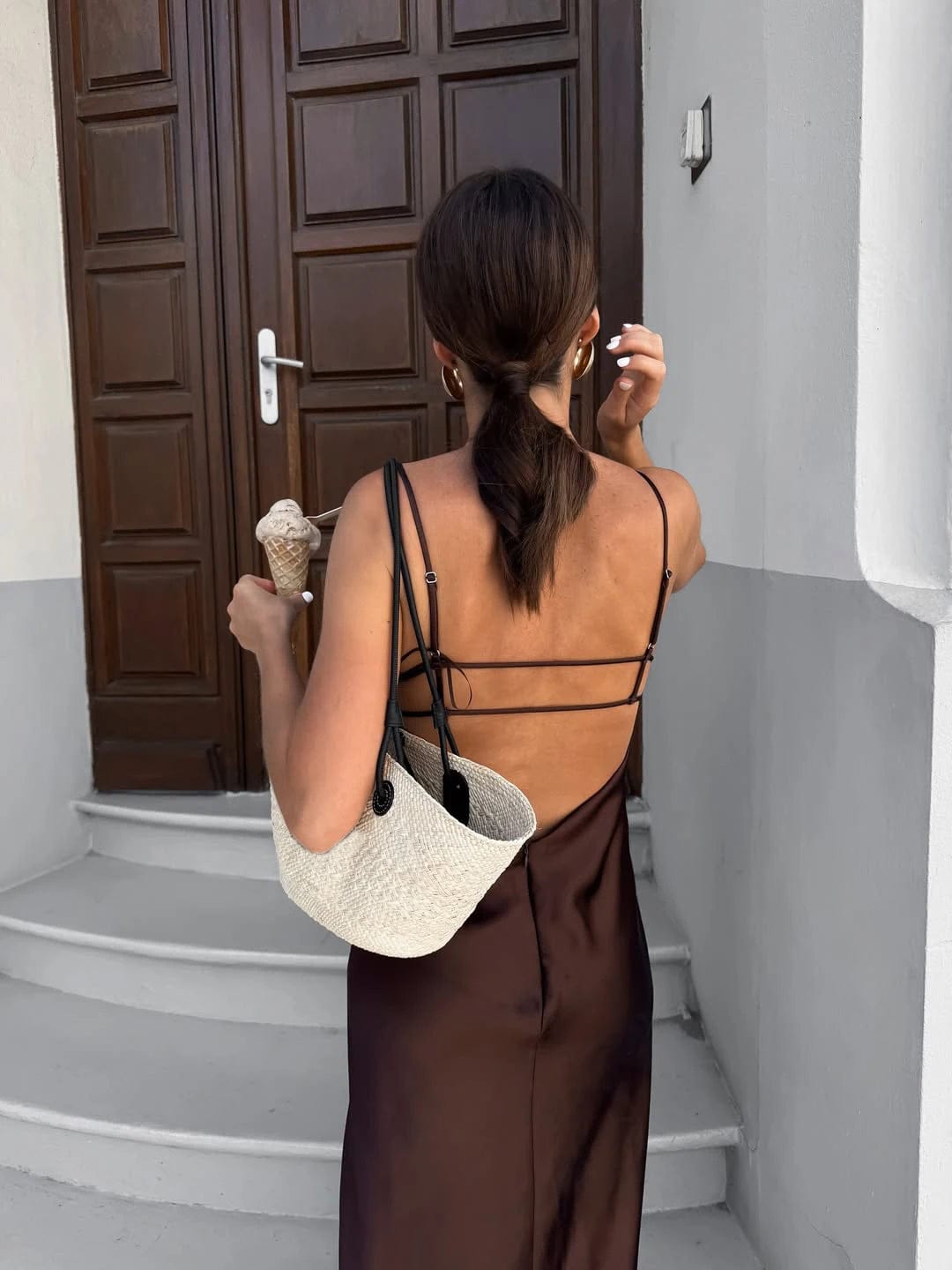 Customer photo review of Kirra Satin Backless Maxi Dress