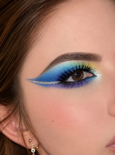 Reviewer's colorful eye makeup using the Creative Comeback palette, featuring a blue wing accented with small gems.