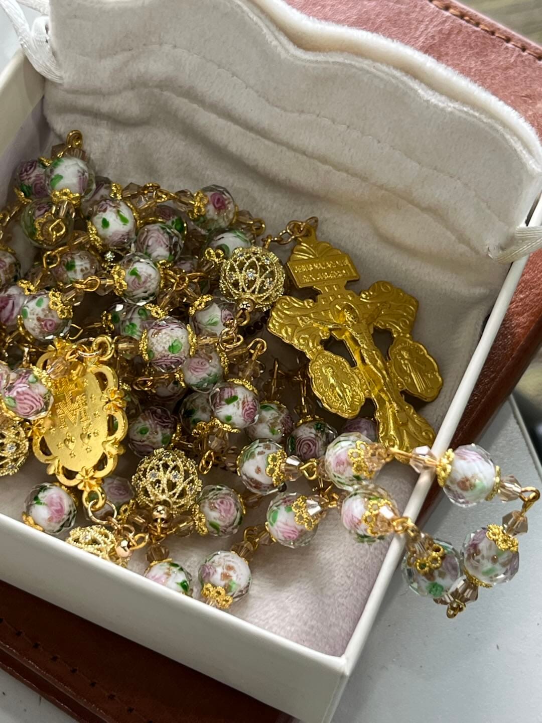 Customer photo review of SolaceBeads White Floral Lampwork Glass Rosary: Grace With Gold Filigree & Miraculous Medal