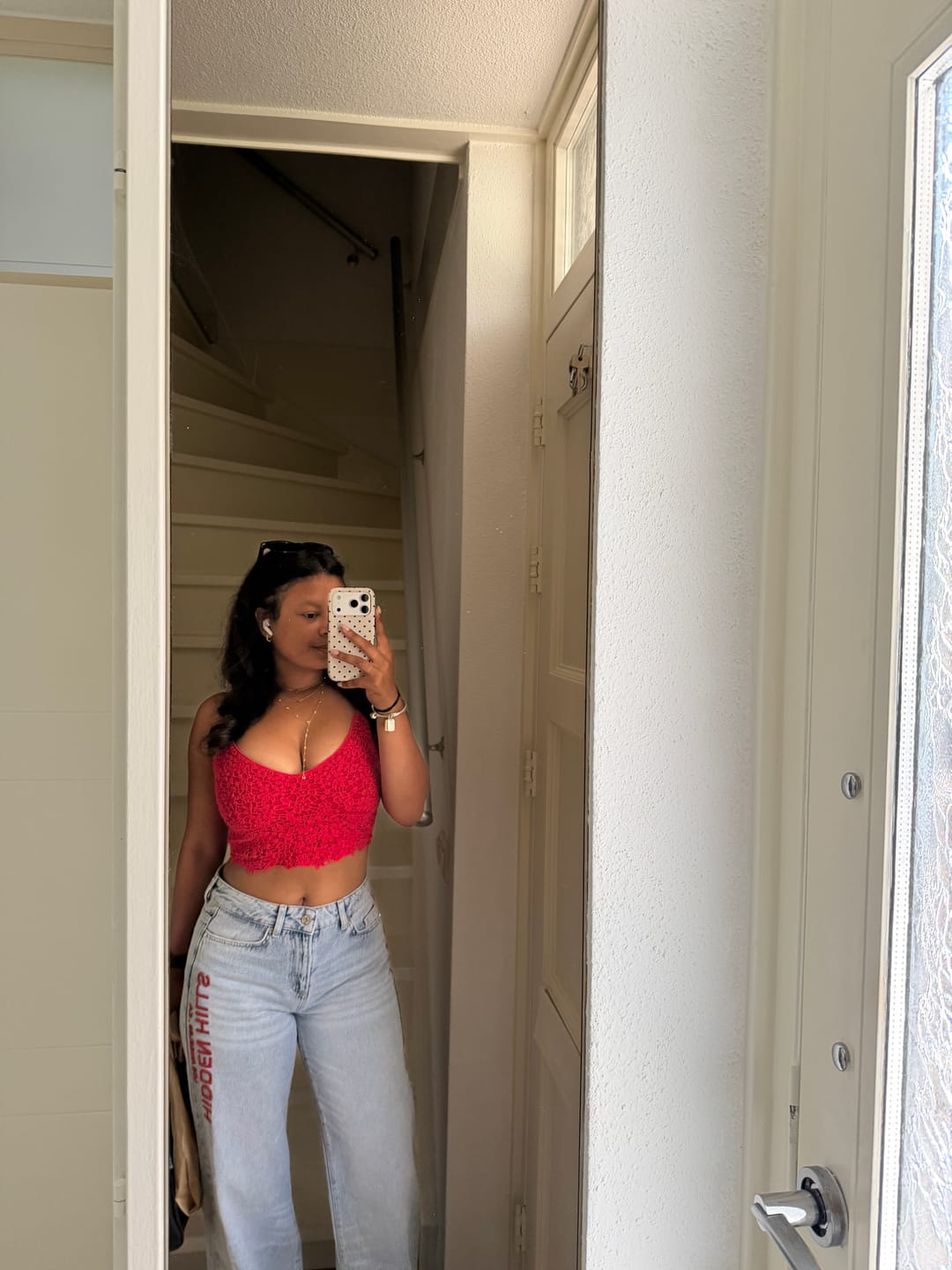 Customer photo review of RED EMBROIDERED LOGO JEANS