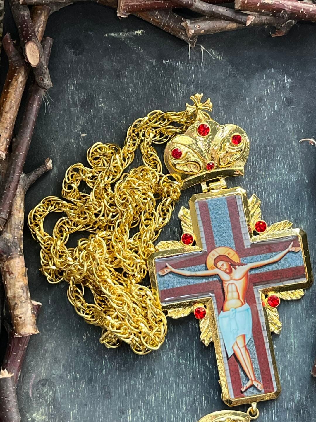 Customer photo review of SolaceBeads Golden Ornate Pectoral Cross: Sacred Icon Crucifix with Gold Tone & Red Crystal Accents