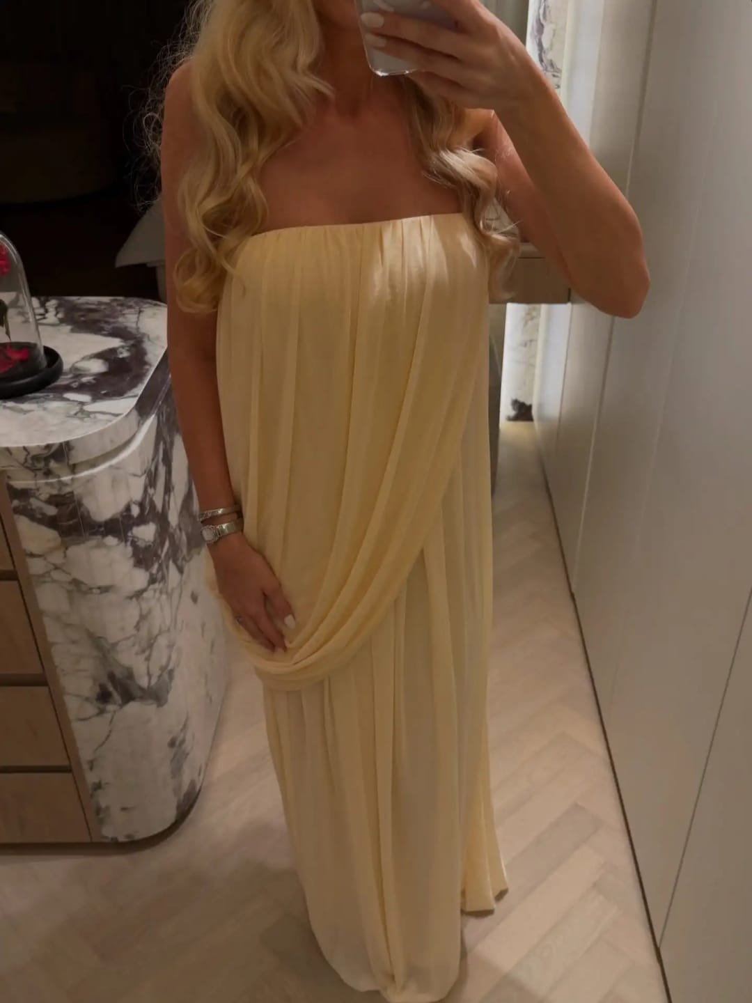 Customer photo review of Sophia Strapless Pleated Maxi Dress