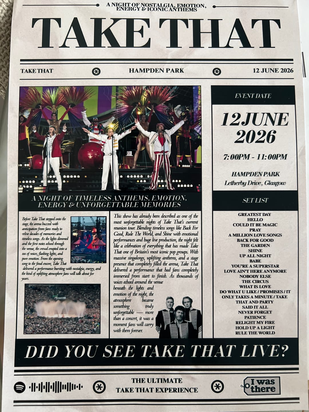 Customer photo review of Take That - Personalised Newspaper Style Concert Poster