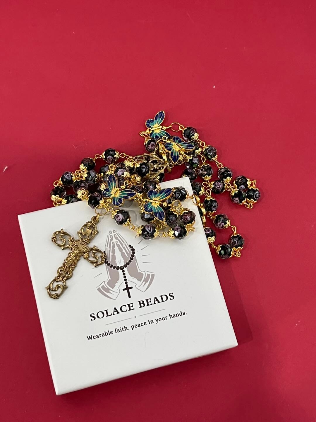 Customer photo review of SolaceBeads Black Lampwork Floral Beads Rosary--The Radiant Grace Rosary: Hand-Blown Solace