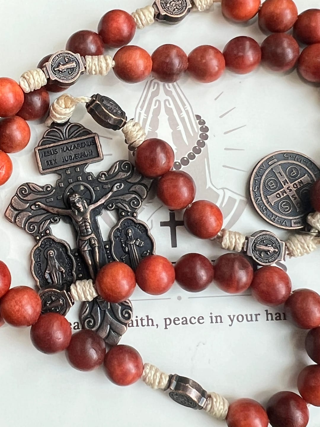 Customer photo review of SolaceBeads Dragon Blood Wood Beads St. Benedict Protection Shield Rosary