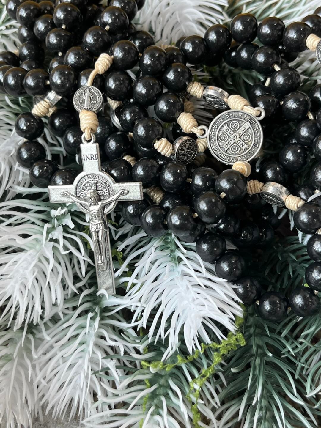 Customer photo review of SolaceBeads 15/20 Decade Ebony Wood Rosary With St. Benedict Medals & Crucifix: Protective Strength