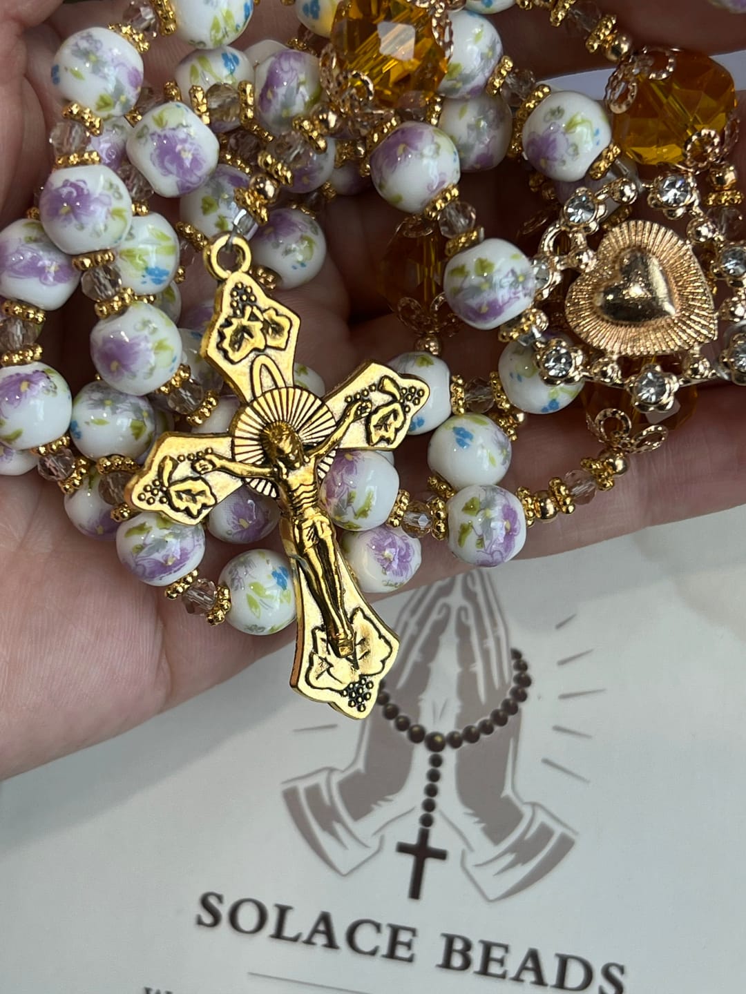 Customer photo review of SolaceBeads Lavender Floral With Golden Sacred Heart & Crucifix Rosary: Faith in Every Bead