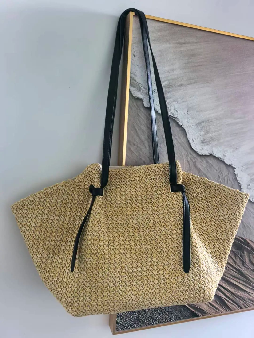 Customer photo review of Straw and Black Leather Tote Bag