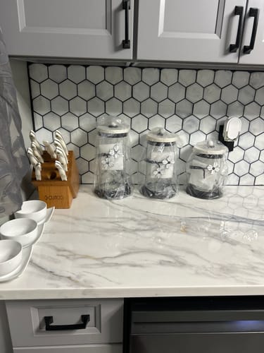 Customer photo review of Hammered Glass Black & White Jasmine Flower Canister By Designed By The Boss (3 Sizes)