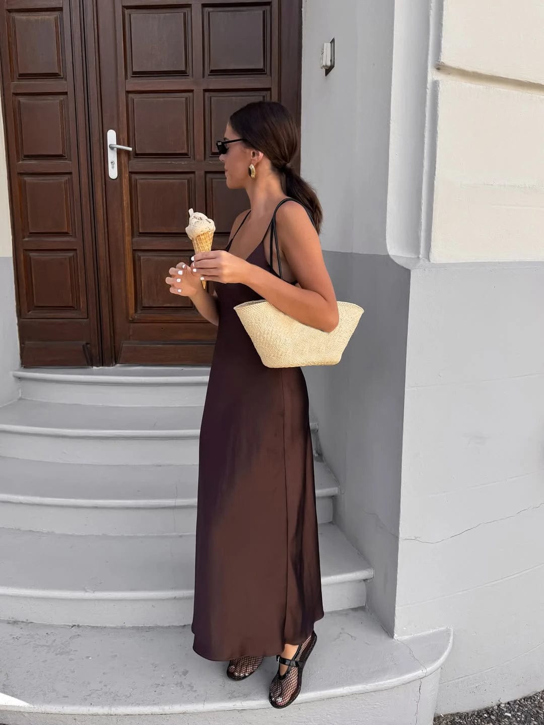 Customer photo review of Kirra Satin Backless Maxi Dress