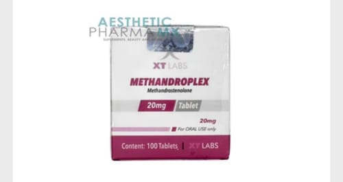 Un revisor muestra la caja blanca y morada de Methandroplex Dianabol, que contiene 100 tabletas de 20 mg.