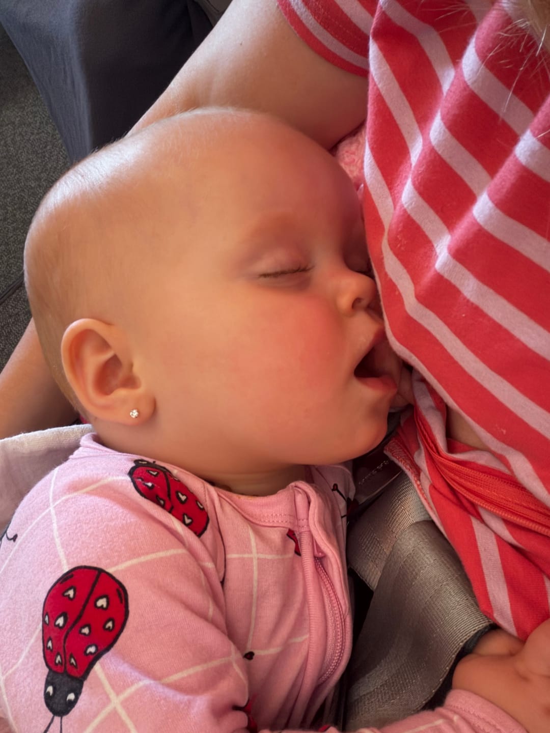Customer photo review of Red & Purple Striped Breastfeeding Tee with Hidden Zip