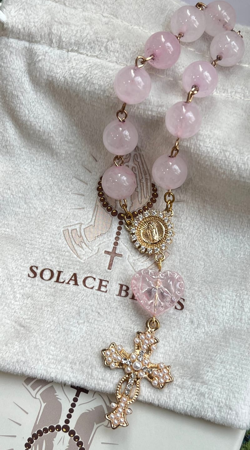 Customer photo review of SolaceBeads Artisan Rose Quartz Pocket Rosary: Soft Pink Beads with Sacred Cross & Marian Accents