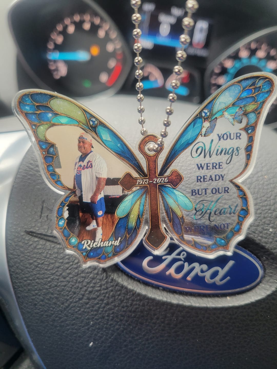 Customer photo review of Personalized Memorial Butterfly Car Hanger with Photo – Always With You
