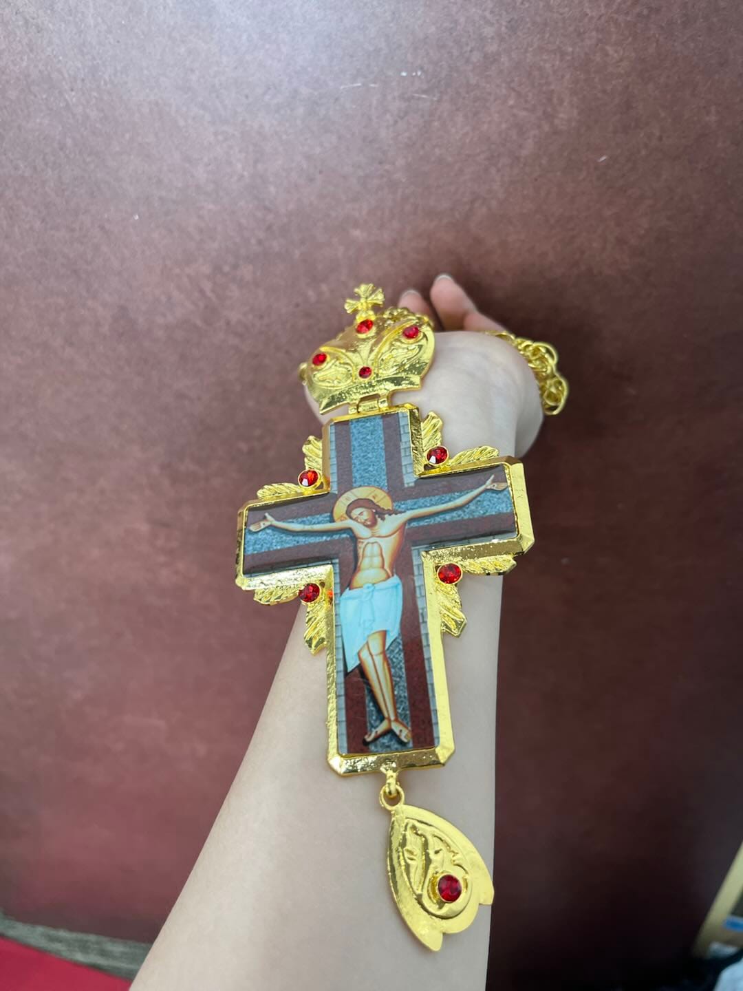 Customer photo review of SolaceBeads Golden Ornate Pectoral Cross: Sacred Icon Crucifix with Gold Tone & Red Crystal Accents
