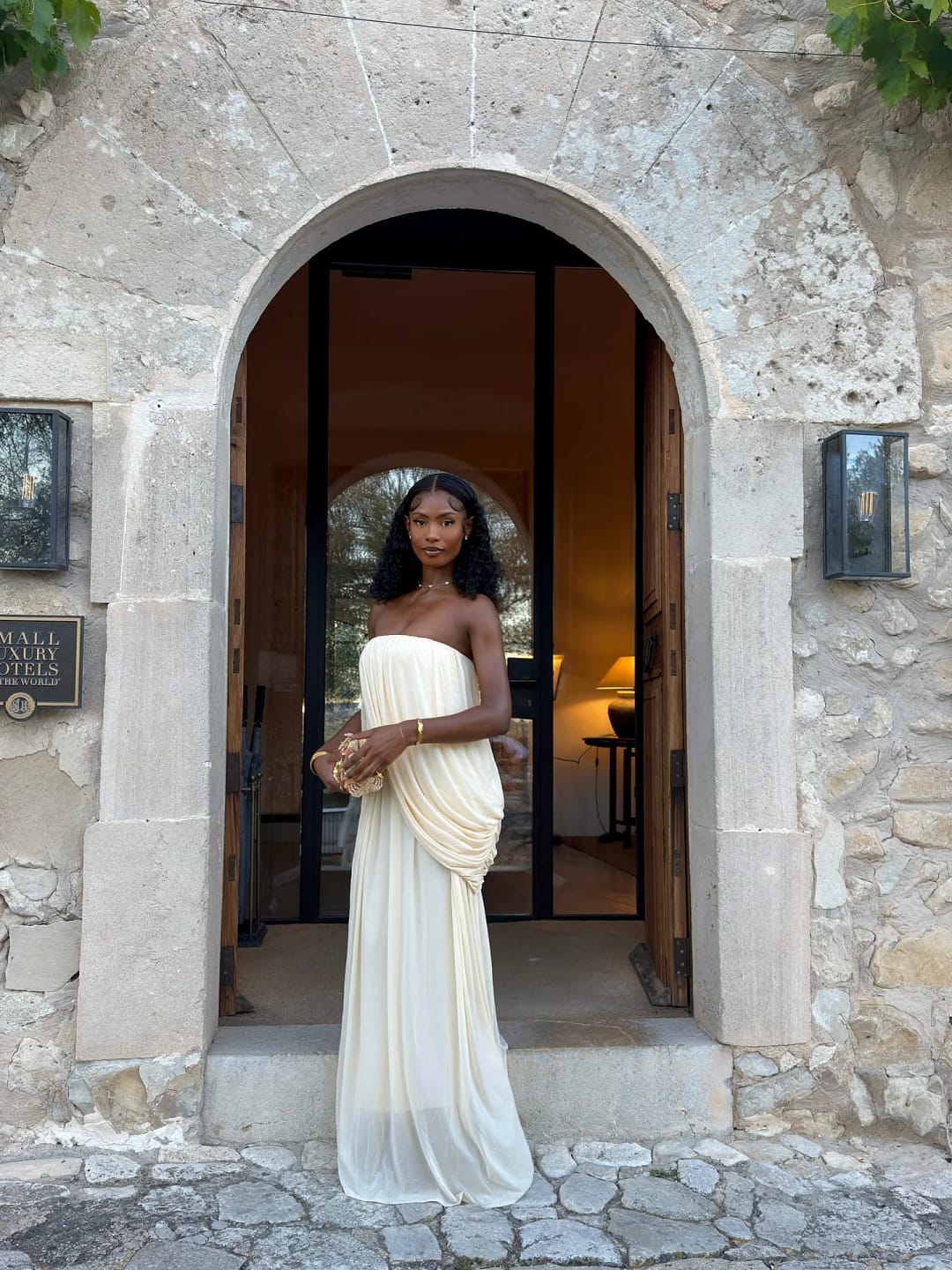 Customer photo review of Sophia Strapless Pleated Maxi Dress