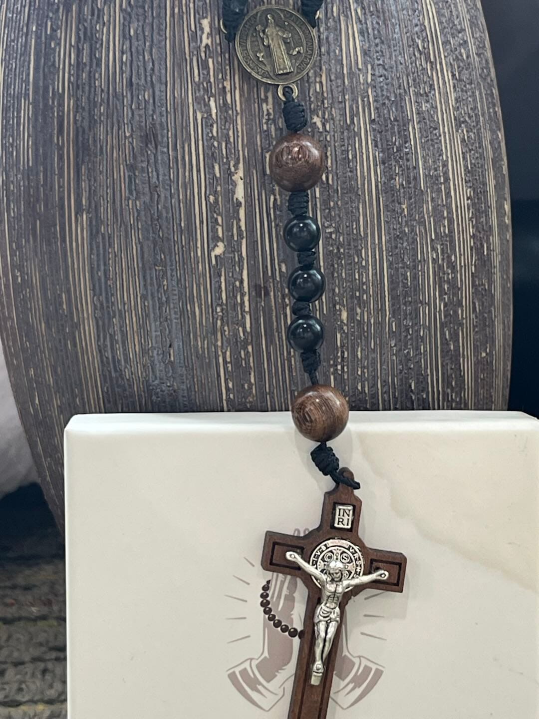 Customer photo review of SolaceBeads Black Sacred Ebony Beads with St. Benedict Centerpiece Rosary