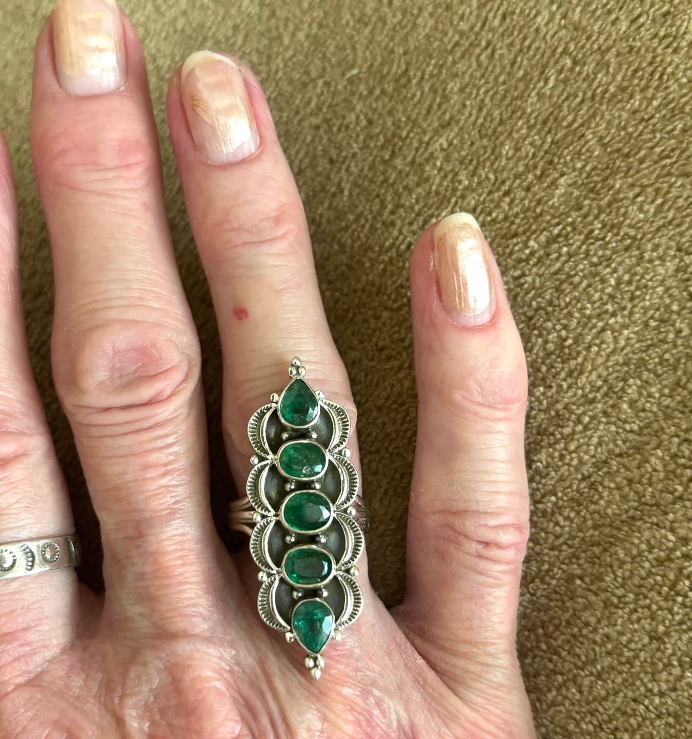 Customer photo review of Exclusive 5-Gemstone Faceted Zambian Emerald Ring Size 7 (.925 Sterling Silver)