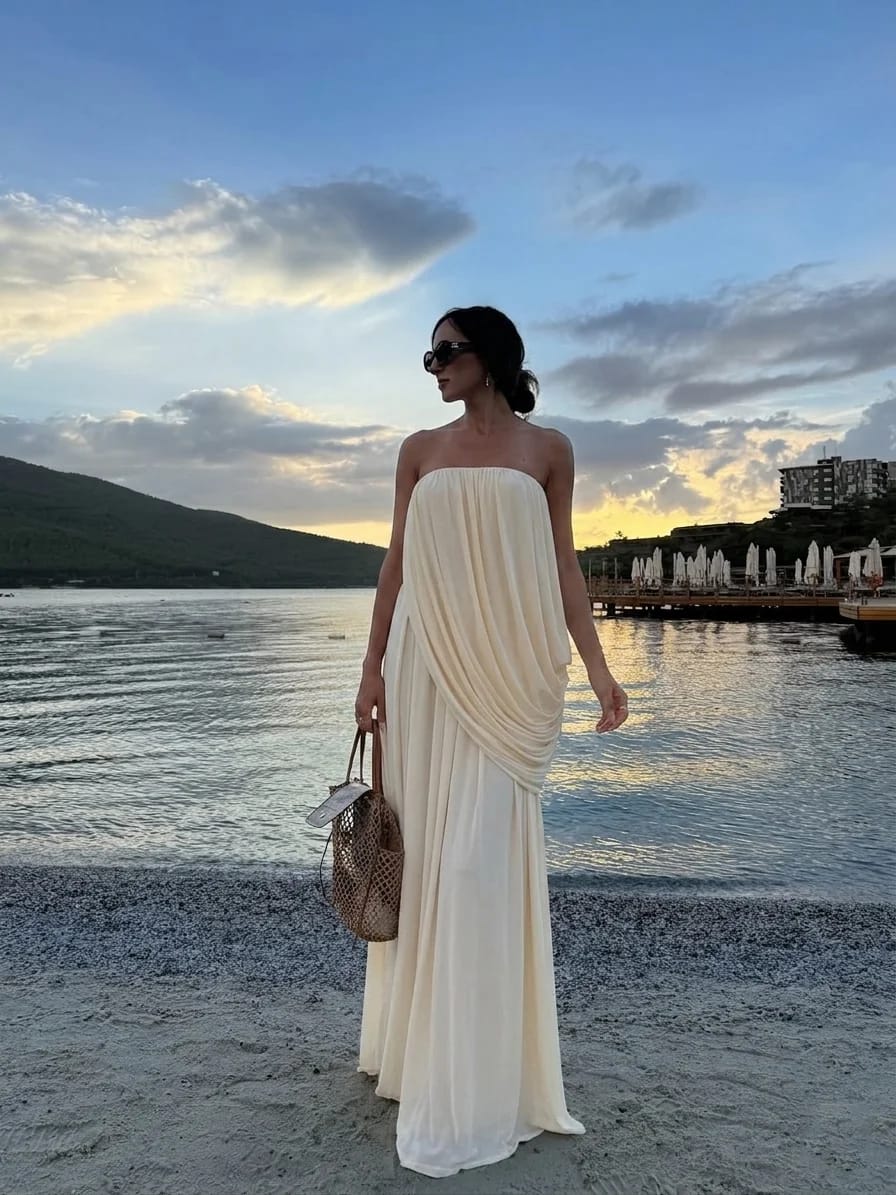 Customer photo review of Sophia Strapless Pleated Maxi Dress