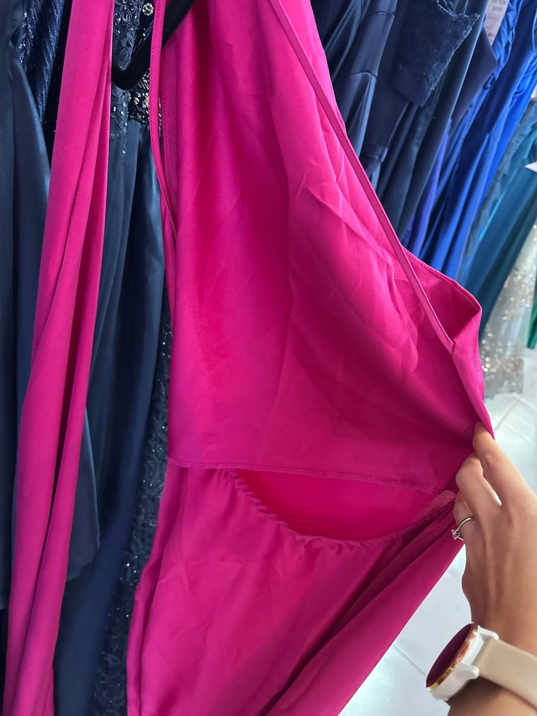 Customer photo review of Demetra Satin Halter Backless Evening Gown