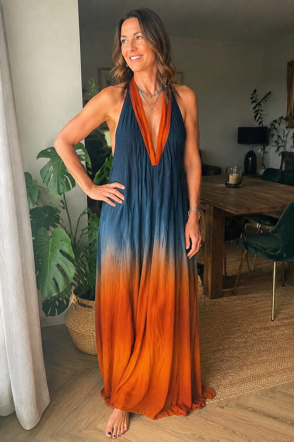 Customer photo review of A-Line Loose Contrast Color Pleated Deep V-Neck Maxi Dresses